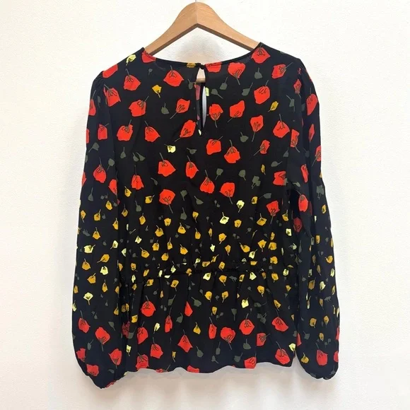 Banana Republic Dark Floral Keyhole Peplum Top Boho Rose Petal Black Red Size XL - Picture 4 of 9